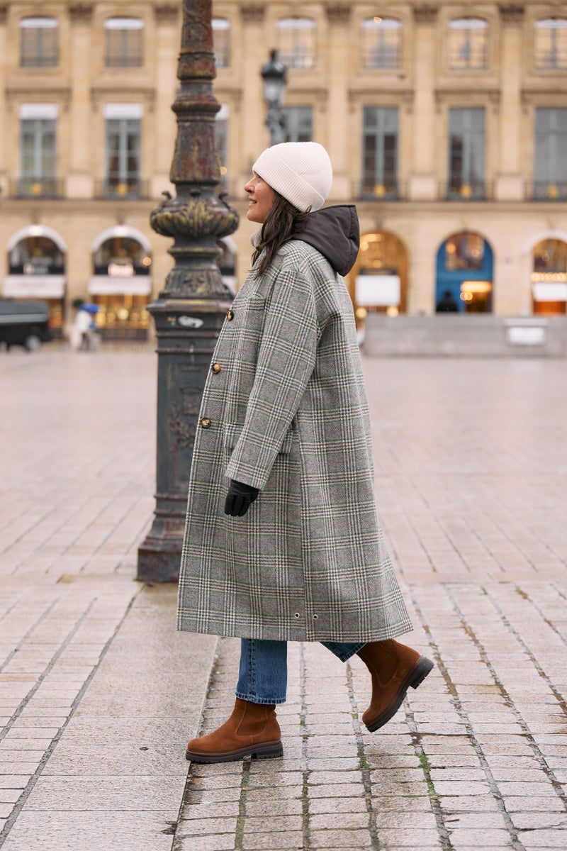 MANTEAU CECIL en lainage avec doudoune amovible coloris check green