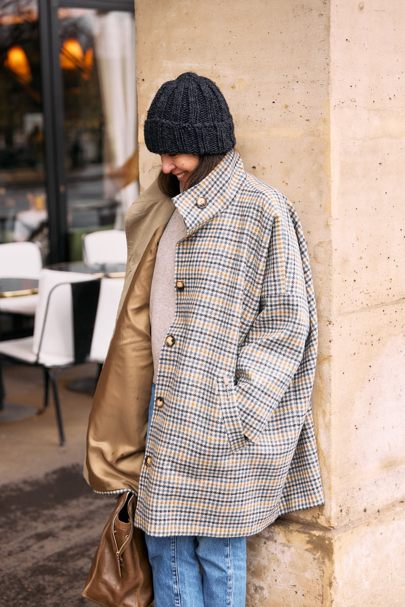 MANTEAU FILO avec bob en lainage coloris pied de poule