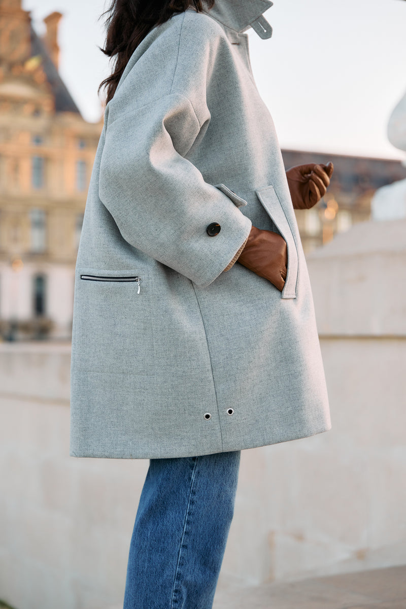 MANTEAU AVERSE en lainage coloris gris chiné