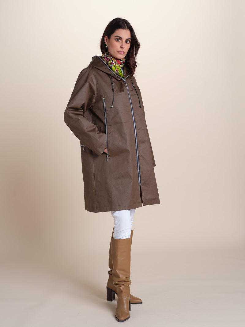 PARKA BROOKLYN en coton enduit imperméable coloris bronze avec doublure en lainage amovible beige