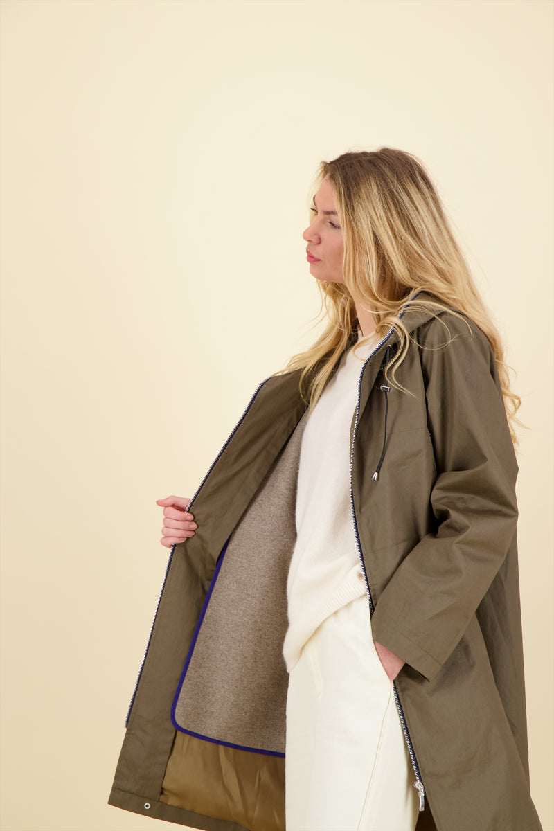 PARKA BROOKLYN en coton enduit imperméable coloris bronze avec doublure en lainage amovible beige