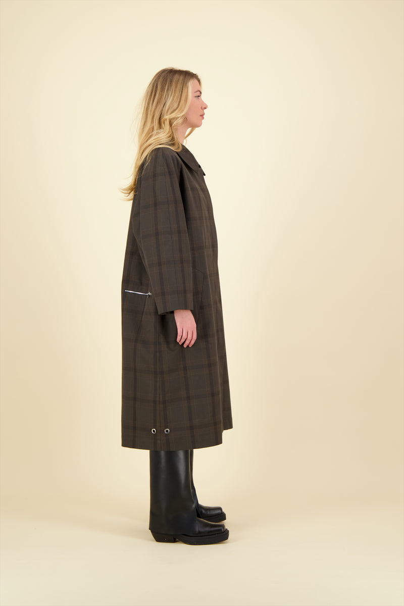 MANTEAU CAMILLE en coton déperlant, disponible en imprimé brun PDG