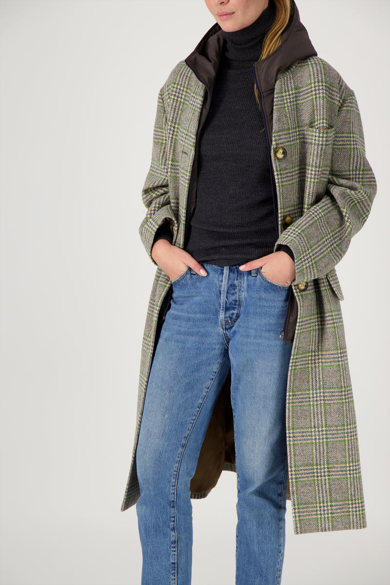 MANTEAU CECIL en lainage avec doudoune amovible coloris check green