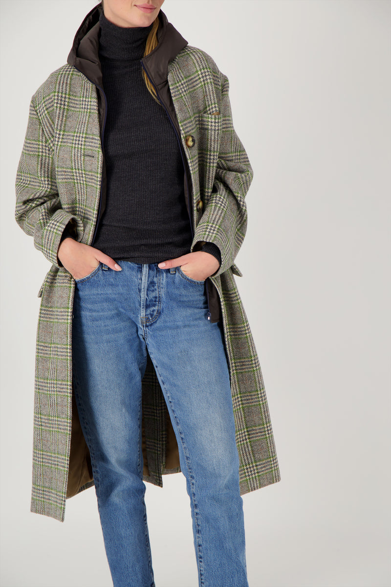 MANTEAU CECIL en lainage avec doudoune amovible coloris check green