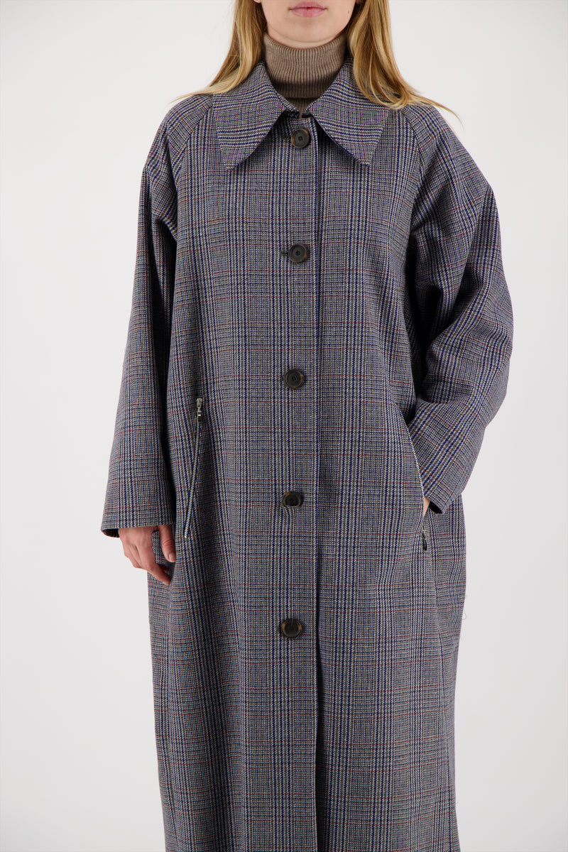 MANTEAU CLIO en lainage à carreaux coloris bleu/taupe