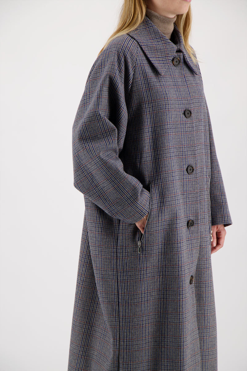 MANTEAU CLIO en lainage à carreaux coloris bleu/taupe
