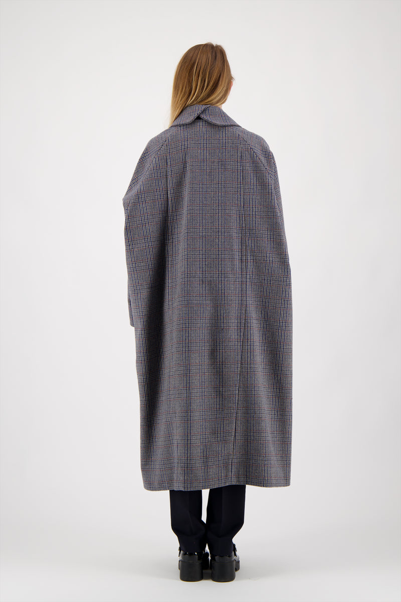 MANTEAU CLIO en lainage à carreaux coloris bleu/taupe