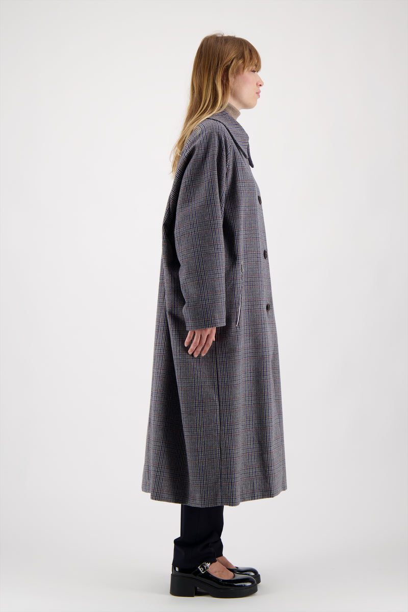 MANTEAU CLIO en lainage à carreaux coloris bleu/taupe