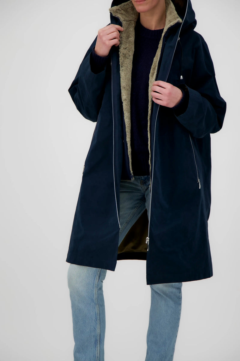 PARKA ELISE en coton déperlant encre et fausse fourrure