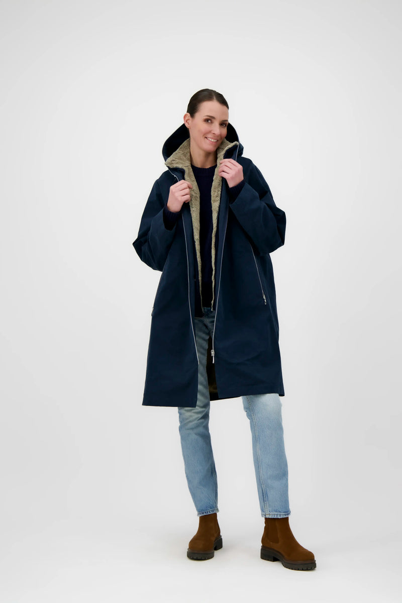 PARKA ELISE en coton déperlant encre et fausse fourrure