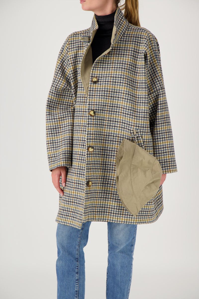 MANTEAU FILO avec bob en lainage coloris pied de poule