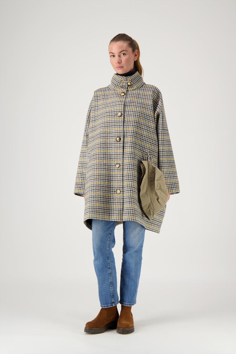 MANTEAU FILO avec bob en lainage coloris pied de poule