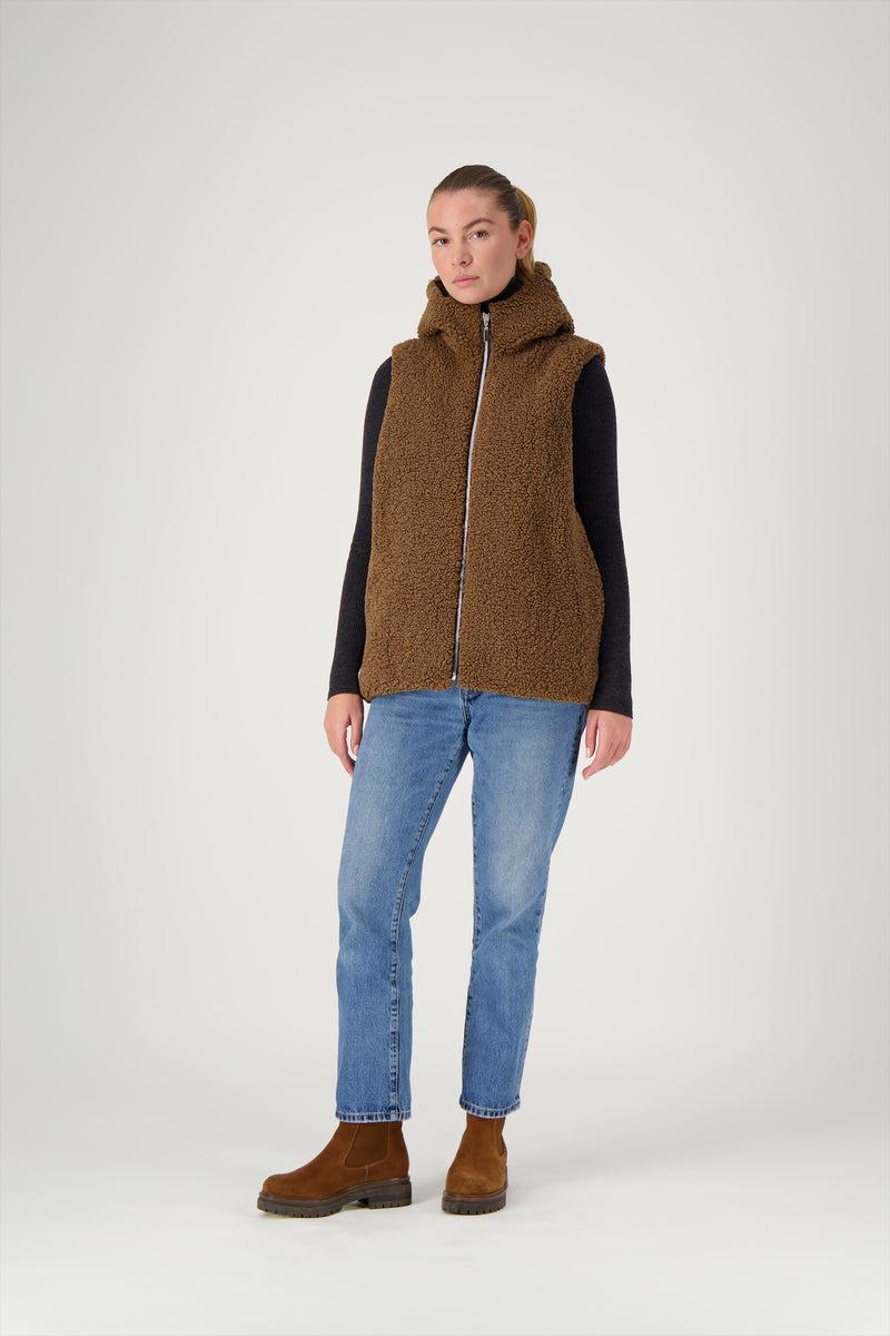 GILET REVERSIBLE COR EN COTON DÉPERLANT ET FAUSSE FOURRURE BOUCLETTES COLORIS MARRON
