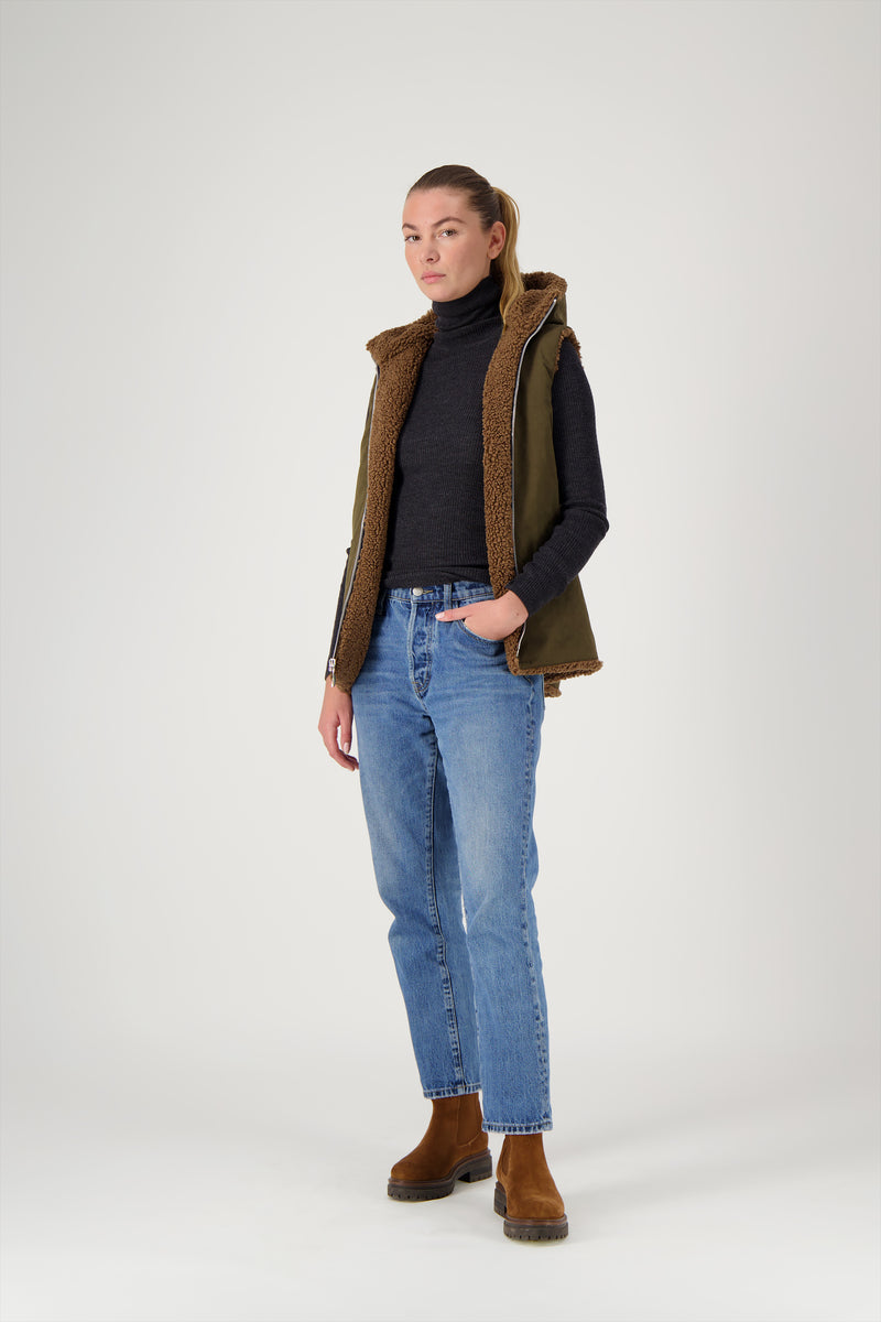 GILET REVERSIBLE COR EN COTON DÉPERLANT ET FAUSSE FOURRURE BOUCLETTES COLORIS MARRON