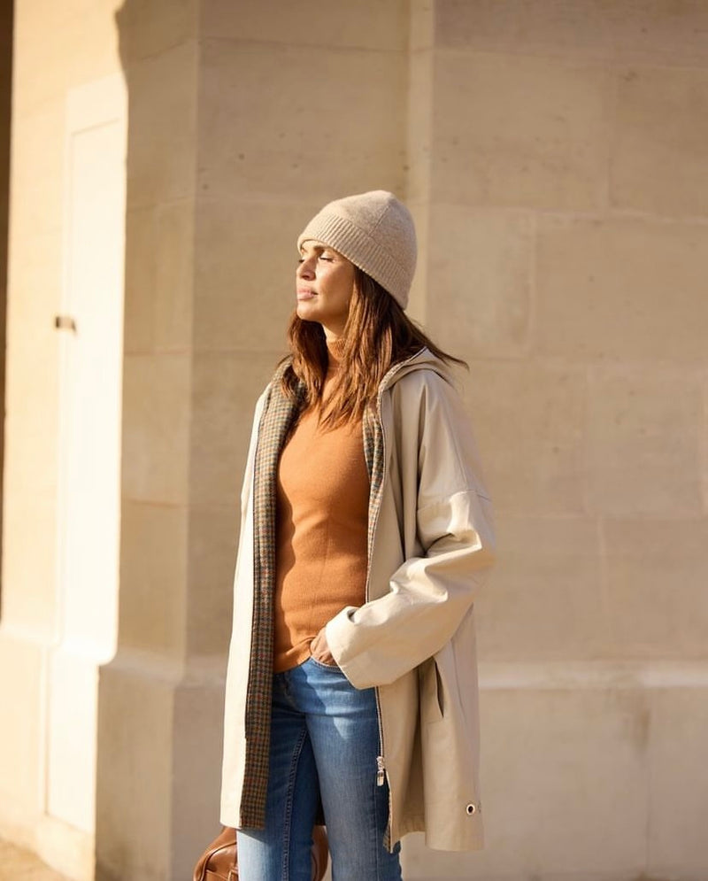 PARKA THELMA réversible en coton enduit dune avec doublure en lainage à carreaux