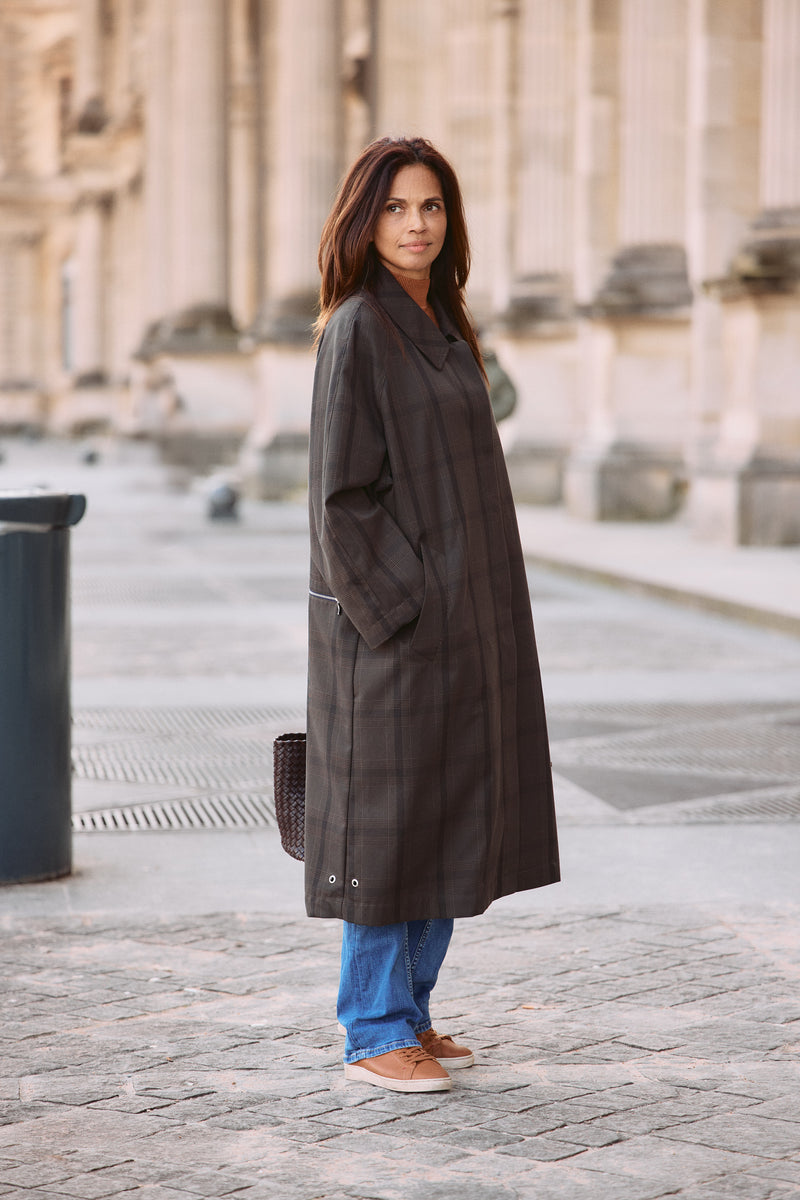 MANTEAU CAMILLE en coton déperlant, disponible en imprimé brun PDG