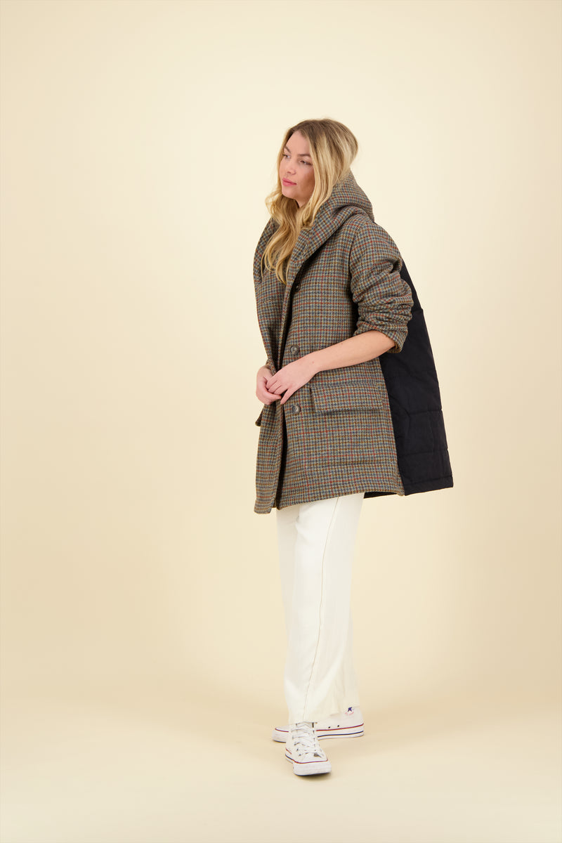 PARKA MILA en lainage à carreaux avec dos en coton imperméable