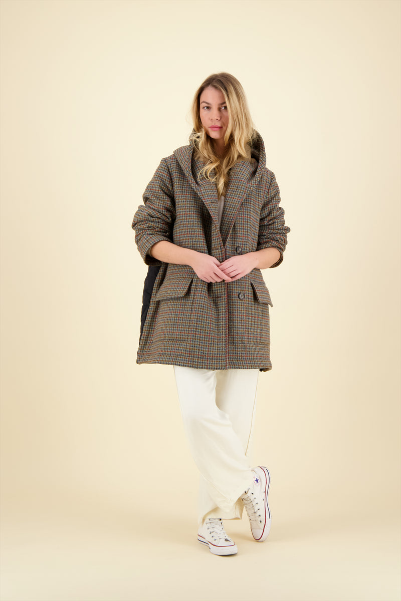 PARKA MILA en lainage à carreaux avec dos en coton imperméable