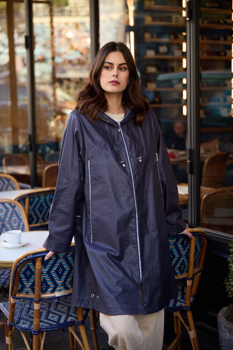 PARKA DÉPERLANTE MINA EN LIN ENDUIT ET COTON NAVY