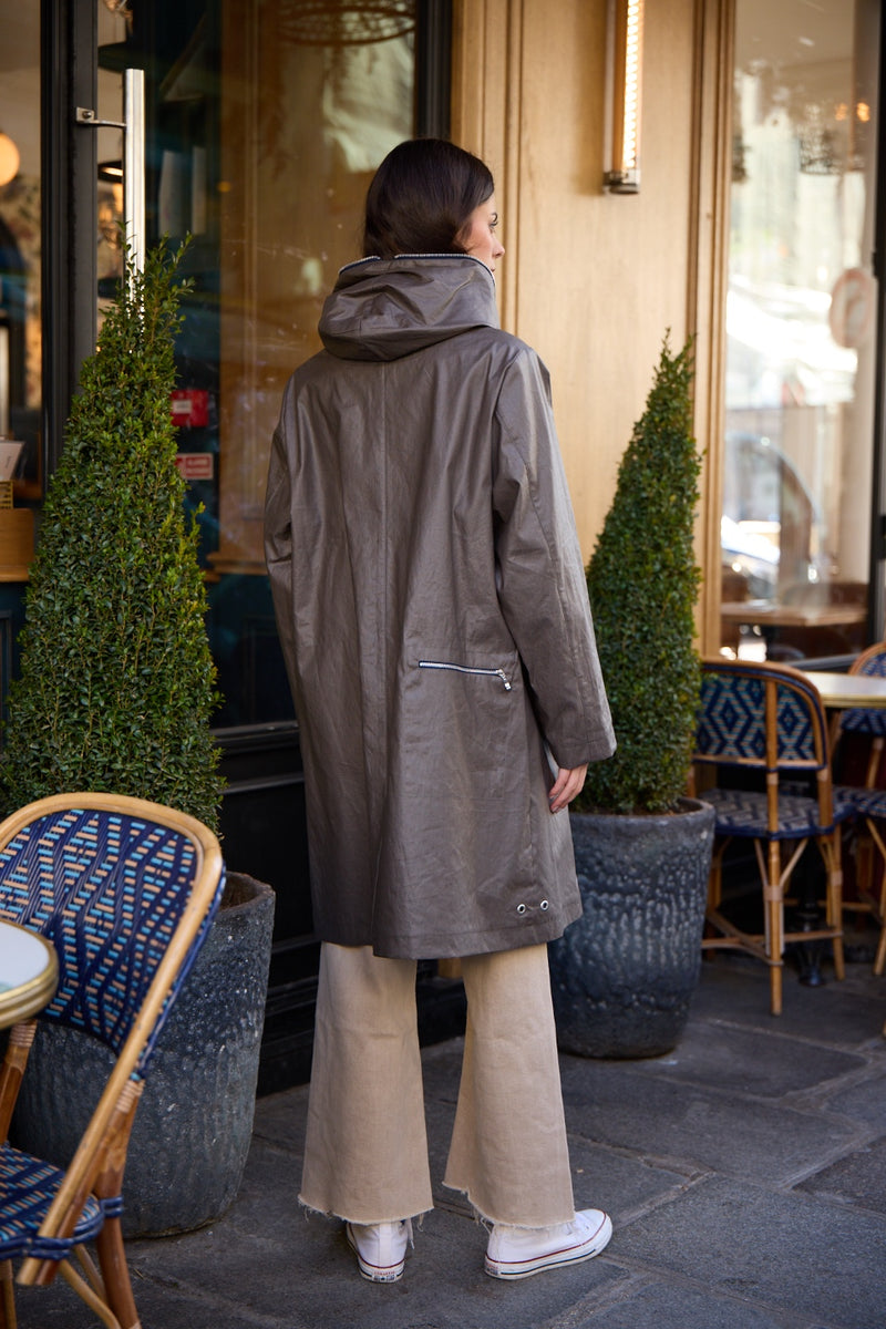 PARKA DÉPERLANTE MINA EN LIN ENDUIT ET COTON KAKI