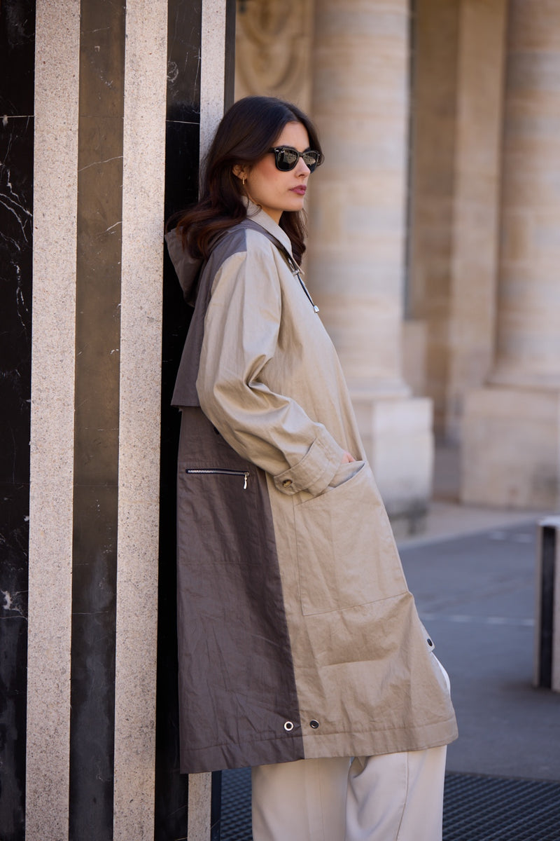 PARKA ONDEE EN LIN ENDUIT DÉPERLANT BICOLOR SABLE/BRONZE