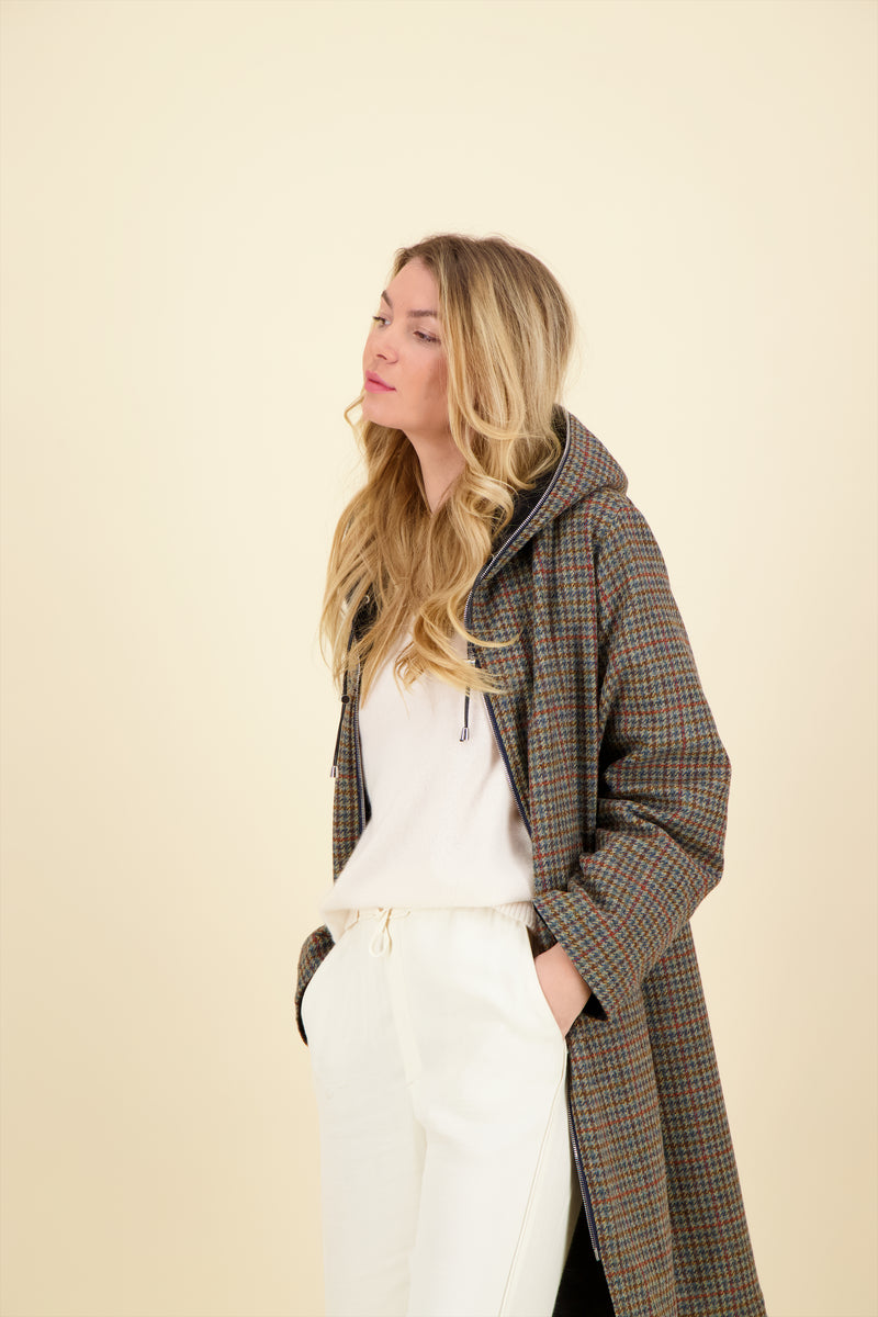 PARKA ORANE COR réversible en coton imperméable et lainage à carreaux, disponible en coloris blueblack, bronze, taupe