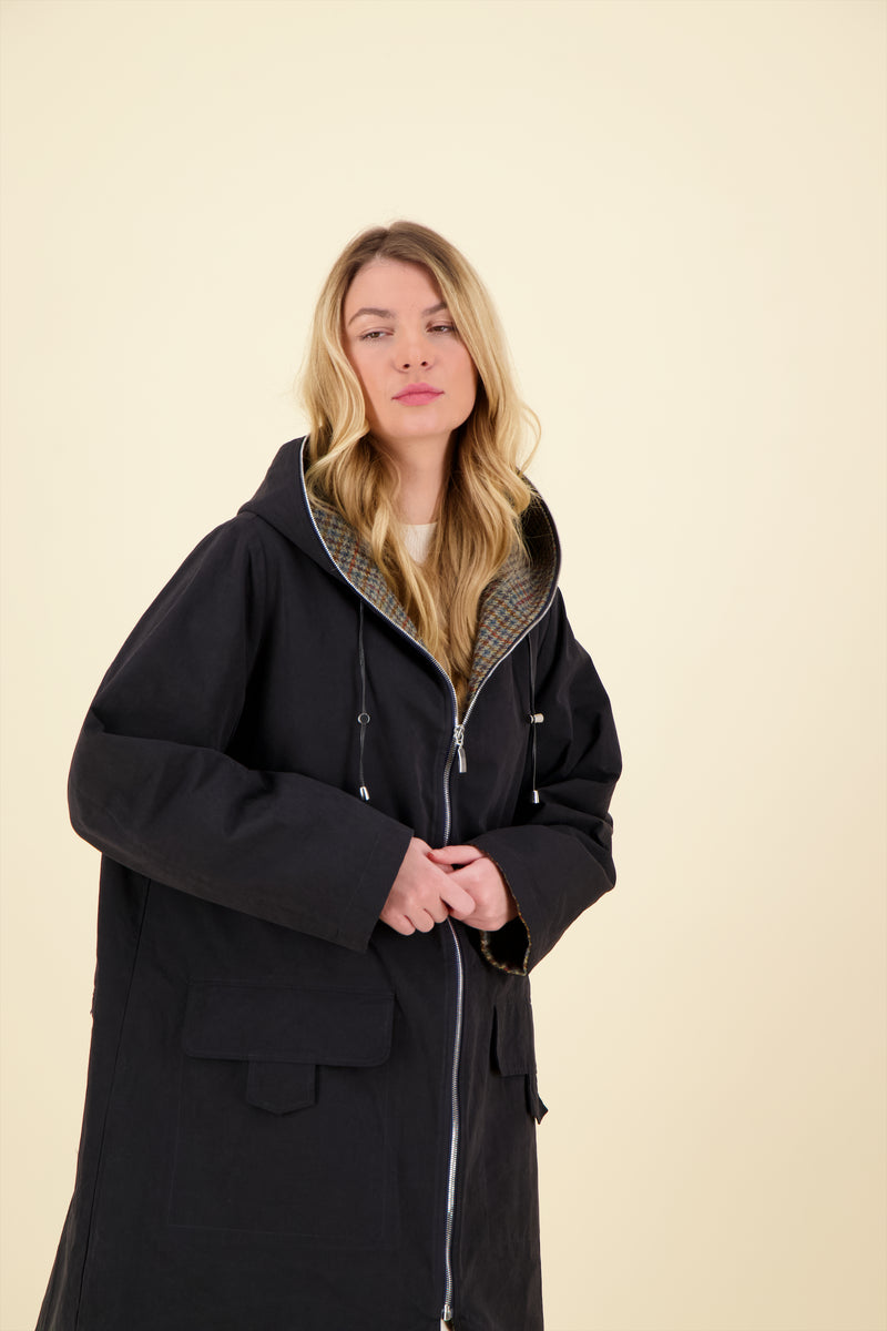 PARKA ORANE COR réversible en coton imperméable et lainage à carreaux, disponible en coloris blueblack, bronze, taupe