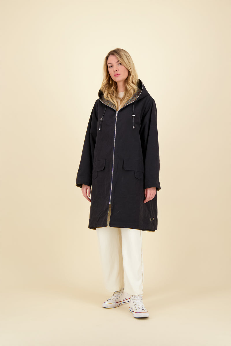 PARKA ORANE COR réversible en coton imperméable et lainage à carreaux, disponible en coloris blueblack, bronze, taupe