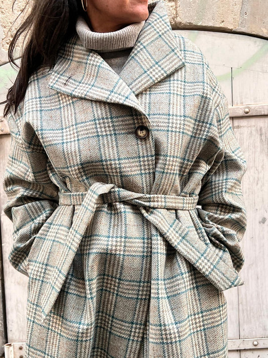 MANTEAU PRUSSE en lainage coloris check blue