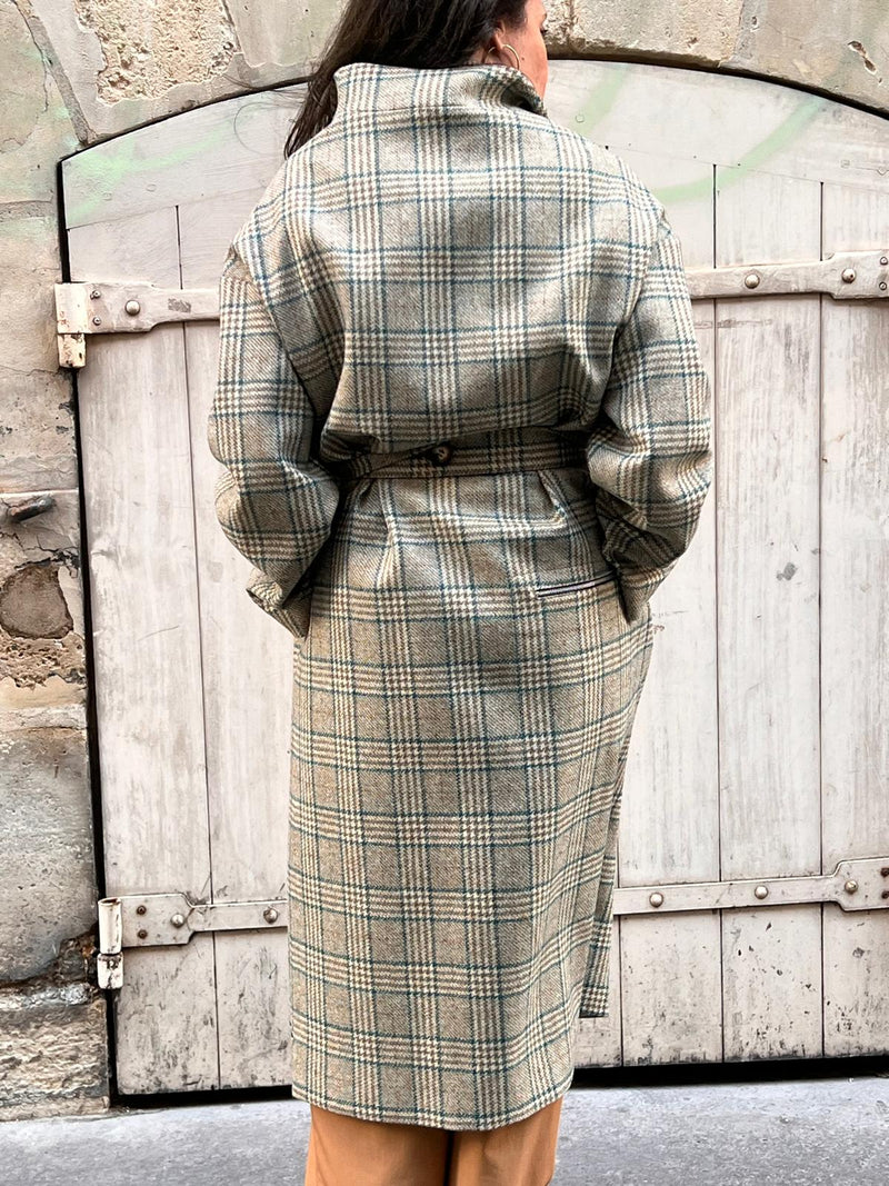 MANTEAU PRUSSE en lainage coloris check blue