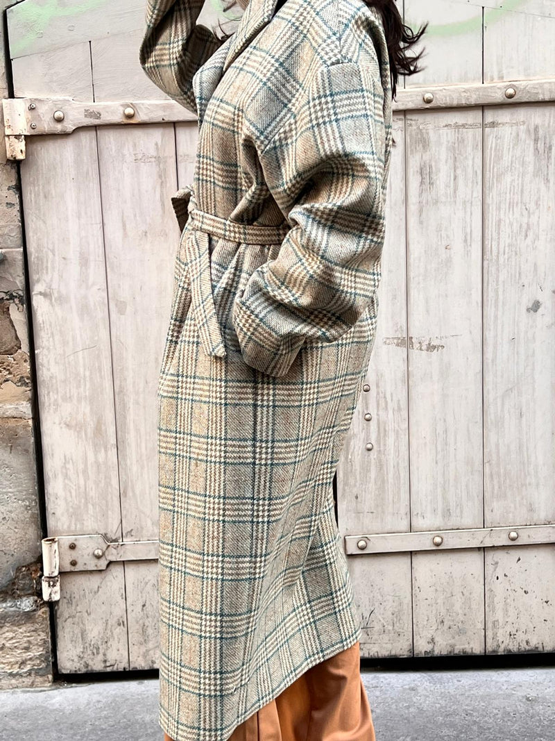 MANTEAU PRUSSE en lainage coloris check blue