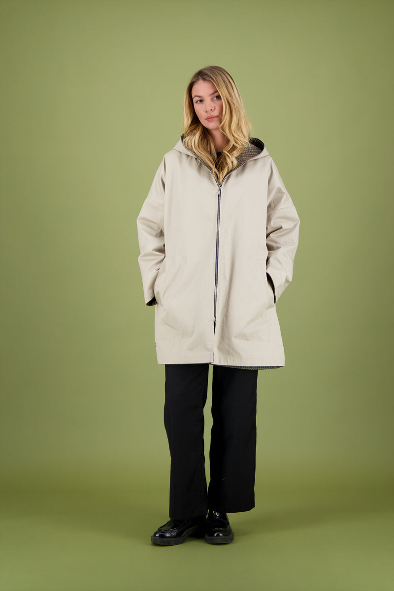PARKA THELMA ECO réversible en coton imperméable et lainage, disponible en coloris tabac, taupe, navy, bronze