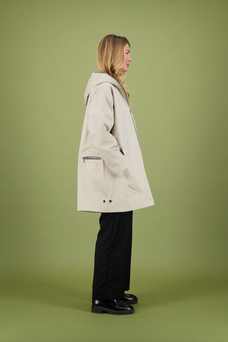 PARKA THELMA réversible en coton enduit dune avec doublure en lainage à carreaux