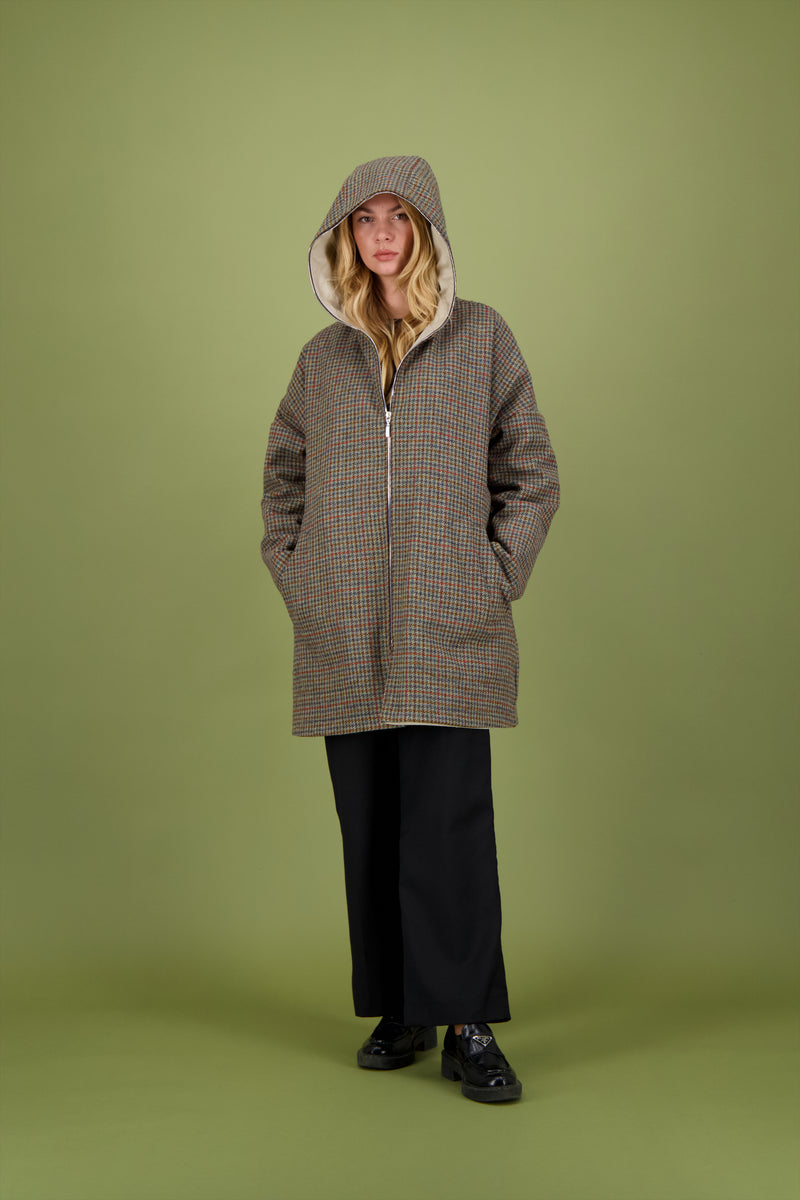 PARKA THELMA réversible en coton enduit dune avec doublure en lainage à carreaux