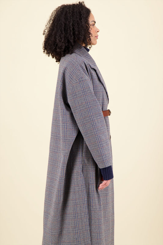 COAT OCEANE YOT IN PRINCE OF WALES WOOL WITH LEATHER BELT, color PDG NAVY