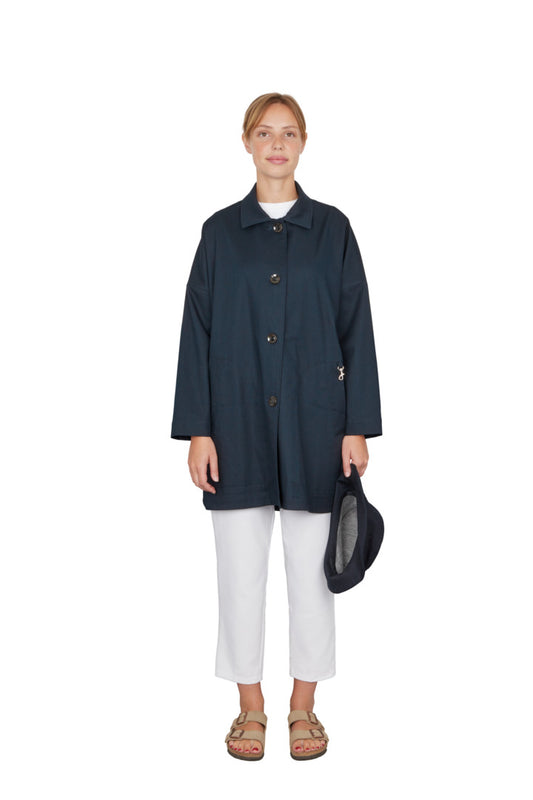 TESS MIS CABAN in water-repellent cotton with bucket hat, navy color 