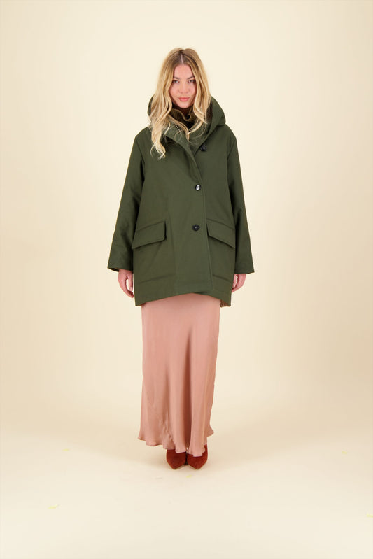 MILA BI-MATERIAL PARKA, in waterproof cotton, khaki color