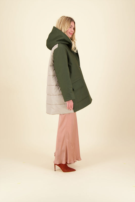 MILA BI-MATERIAL PARKA, in waterproof cotton, khaki color